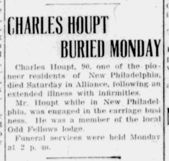 Charles Houpt's death reported in the New Philadelphia newspaper, April 1921. (Source: newspaperarchive.org)