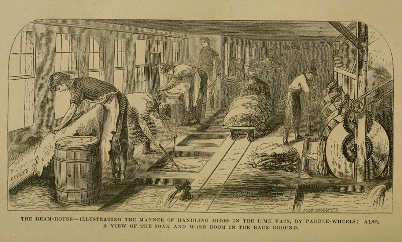 Image of men working in a tannery, from the book "The Art of Tanning Leather", 1857. (Source: archive.org)
