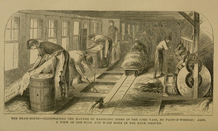 Image of men working in a tannery, from the book "The Art of Tanning Leather", 1857. (Source: archive.org)
