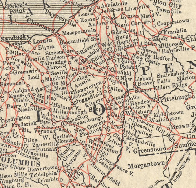Map showing routes of the Underground Railroad through eastern Ohio found in Wilbur Siebert's book. (Source: ohiomemory.org)