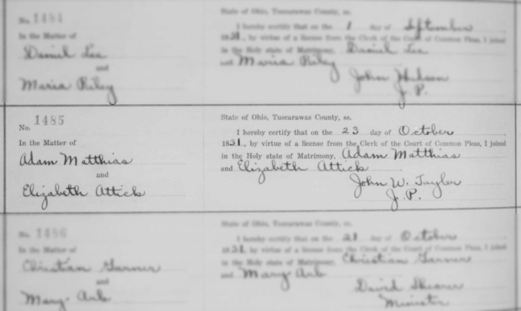 The marriage record of Adam Mathias and Elizabeth Attick in Tuscarawas County, October 1831. (Source: familysearch.org)