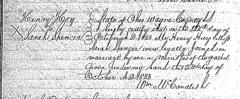 Record of the marriage of Henry Hay and Sarah Spencer, October 1843. (Source: familysearch,org)