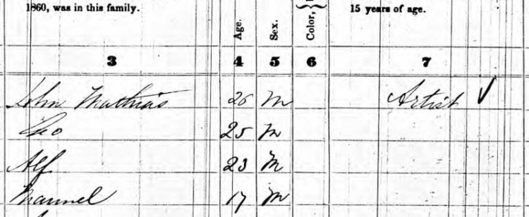 John B. Mathias recorded as being an "Artist" on the 1860 Census. (Source: familysearch.org)