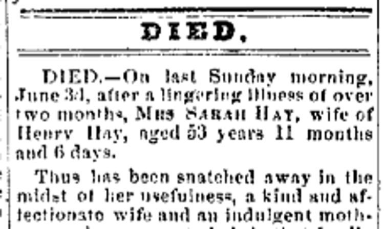 The death of Sarah Hay reported in the New Philadelphia newspaper, June 1872. (Source: newspaperarchive.com)
