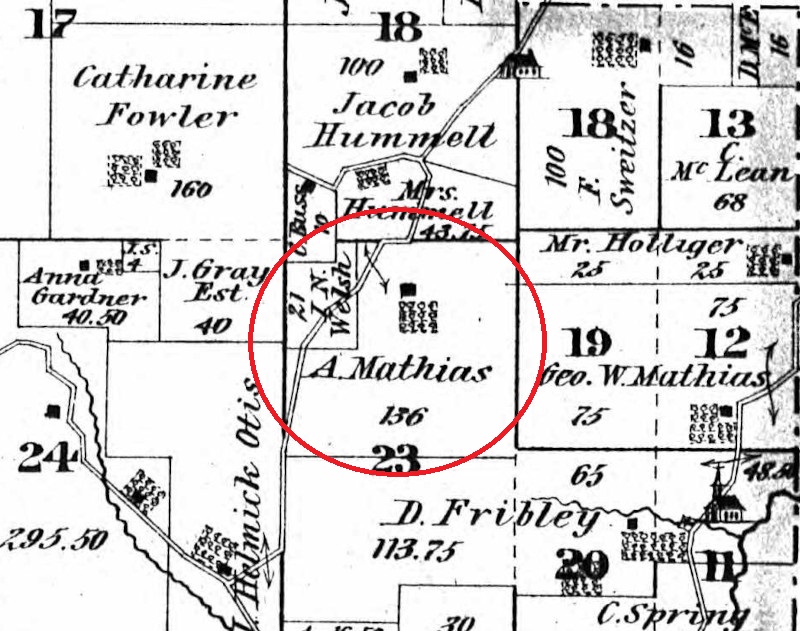 Adam Mathias' property in Hummel Valley, Tuscarawas County in the 1875 Atlas. (Source: ancestry.com)