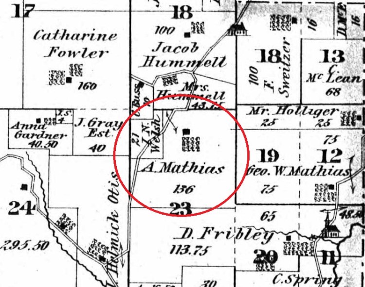 Adam Mathias' property in Hummel Valley, Tuscarawas County in the 1875 Atlas. (Source: ancestry.com)