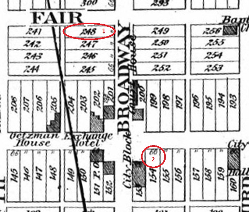 Location of the Hay House (1) and the Hay Store (2) in New Philadelphia from the 1875 Atlas of Tuscarawas County. (Source: familysearch.org)