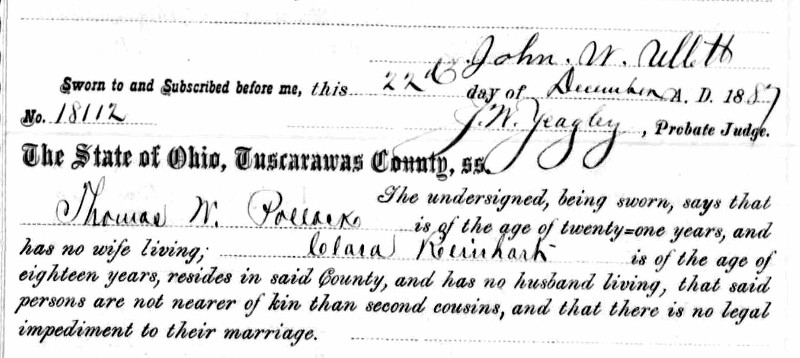 The marriage of Thomas and Clara recorded in the Tuscarawas County records, December 1887. (Source: familysearch.org)