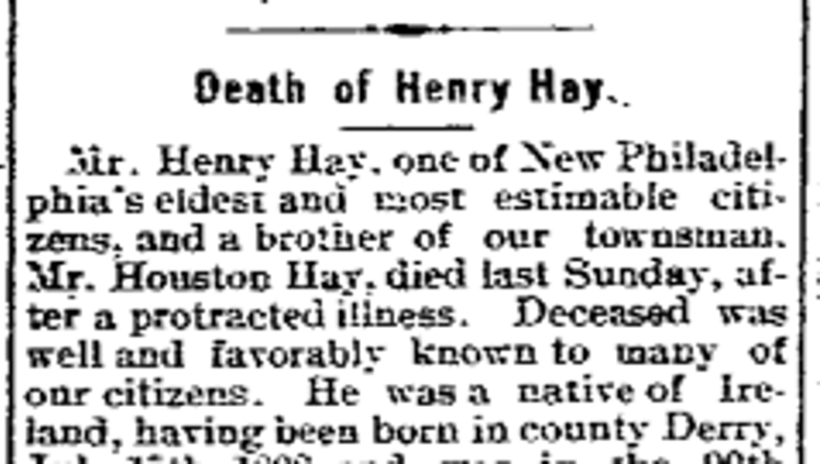 Death of Henry Hay reported in the Coshocton newspaper, November 1897. (Source: newspaperarchive.com)