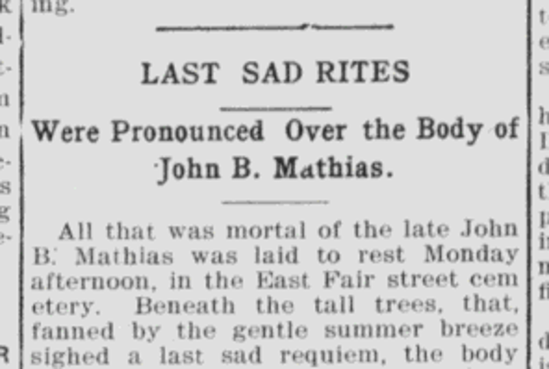 John B. Mathias' obituary in the New Philadelphia newspaper, September 1909. (Source: newspaperarchive.com)