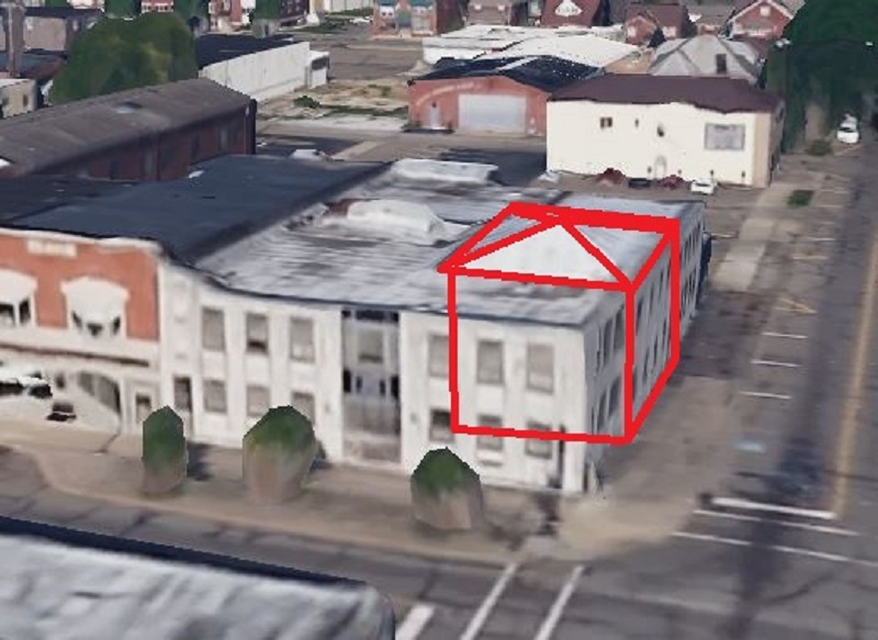 The outline of the original Hay house within the layout of the current building occupying the site, 2018. (Source: earth.google.com)