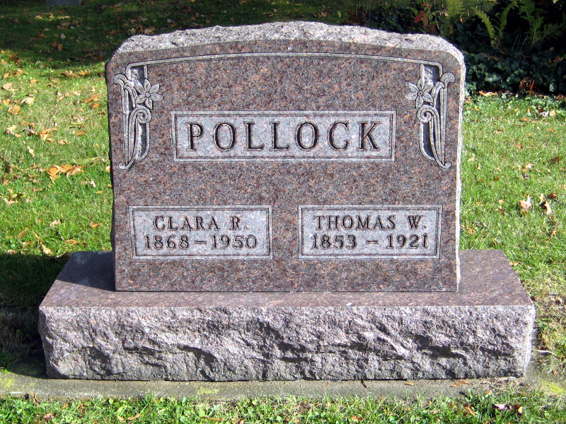 Thomas and Clara Pollock's headstone in Fair Street Cemetery, New Philadelphia, 2012. (Source: findagrave.com)