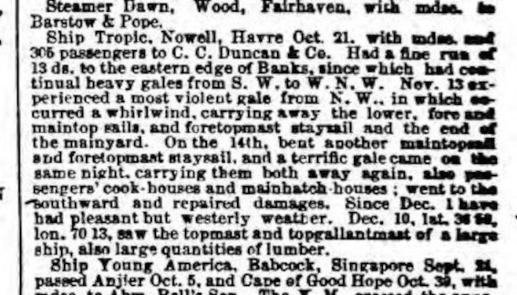 Description of the voyage of the Ship Tropic, carrying the Ohliger family, from the New York Times, December 1858. (Source: archive.org)