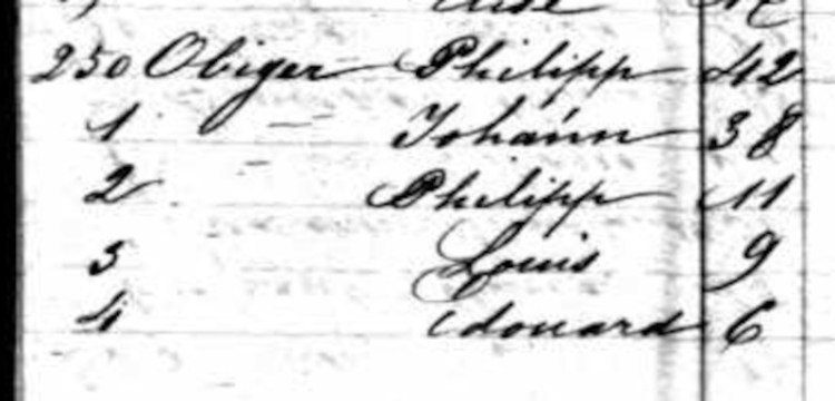 The Ohliger family recorded on the passenger manifest for the Ship Tropic, December 1858. (Source: ancestry.com)