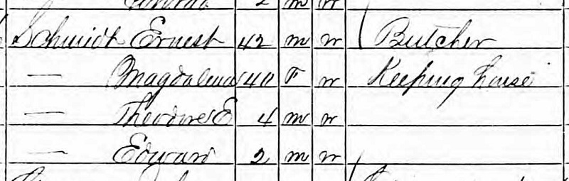 Ernest Schmidt and family recorded on the 1870 New Philadelphia census. (Source: familysearch.org)