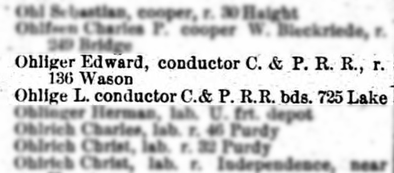 Edward Ohliger and his brother recorded in the directory for the city of Cleveland, 1880. (Source: ancestry.com)
