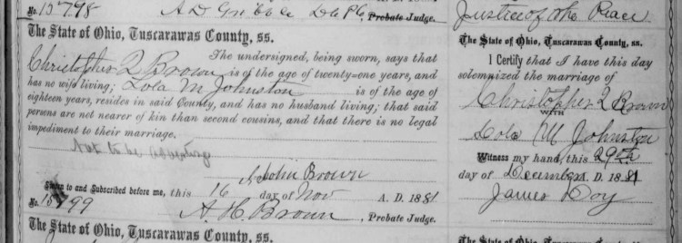 The marriage record of Christopher Q. Brown and Lola M. Johnston, December 1881. (Source: familysearch.org)
