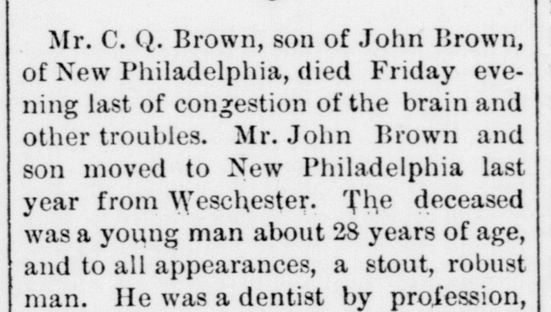 Death announcement of Christopher Q. Brown from the New Philadelphia newspaper, July 1888. (Source: newspaperarchive.com)