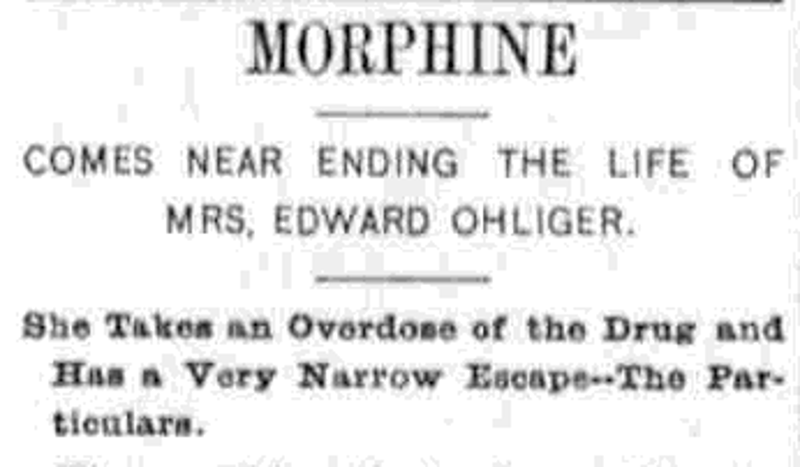 Report of Matilda Marr Ohliger's morphine overdose in the newspaper, June 1892. (Source: newspaperarchive.com)