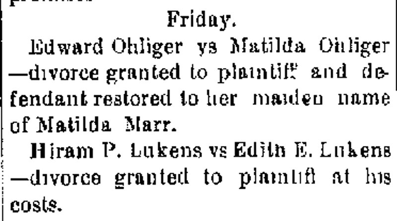 Edward and Matilda's divorce reported in the newspaper, October 1897. (Source: newspaperarchive.com)