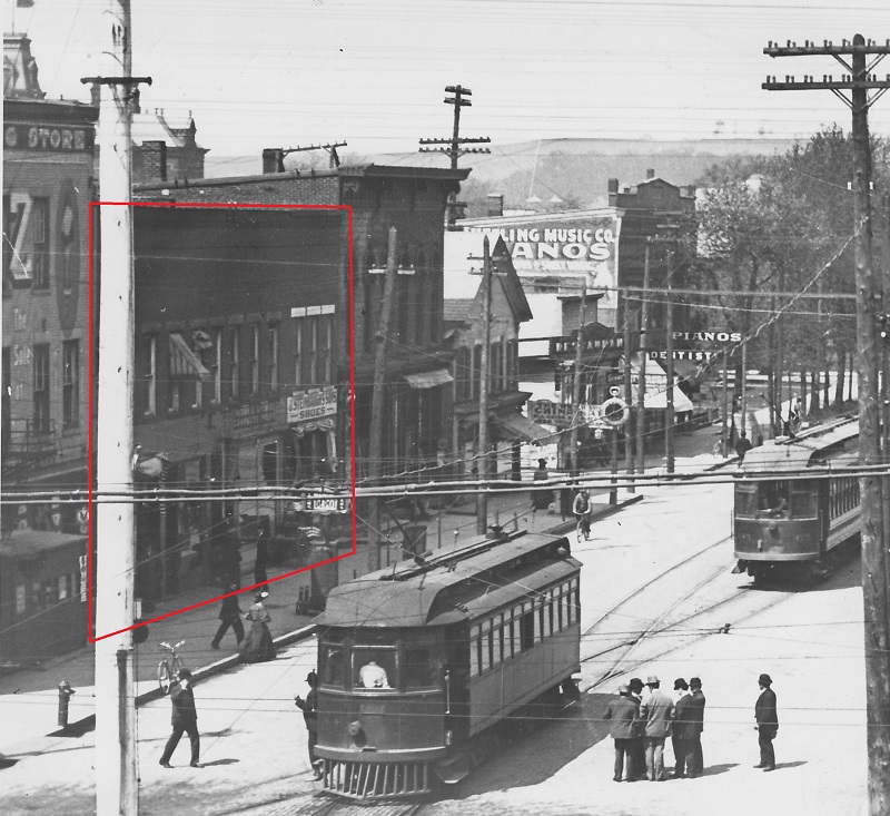This image from the Carpenter Collection of the Tuscarawas County Historical Society shows the brick block of buildings built by Ernest Schmidt on the west side of North Broadway, c. early 1900s. (Source: Courtesy of the Tuscarawas County Historical Society)