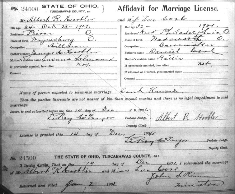 Record of the marriage of Albert R. Hoobler to Luella "Fanny" Corl, December 1901. (Source: familysearch.org)