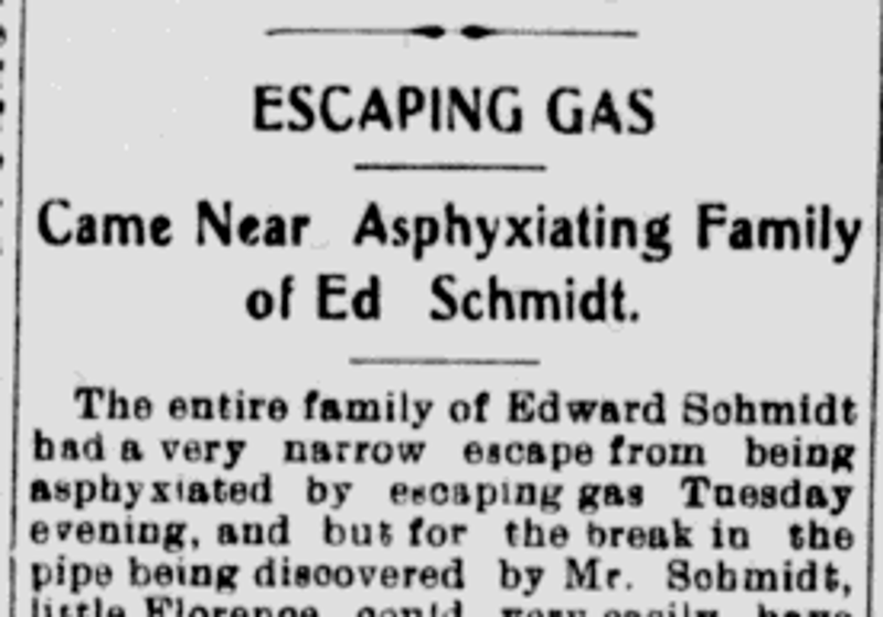 Newspaper headline of the near fatal gas leak at the Schmidt house in the summer of 1907. (Source: newspaperarchive.com)