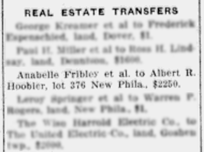 The Hoobler's purchase of the property on North Broadway reported in the local newspaper, May 1916. (Source: newspaperarchive.com)