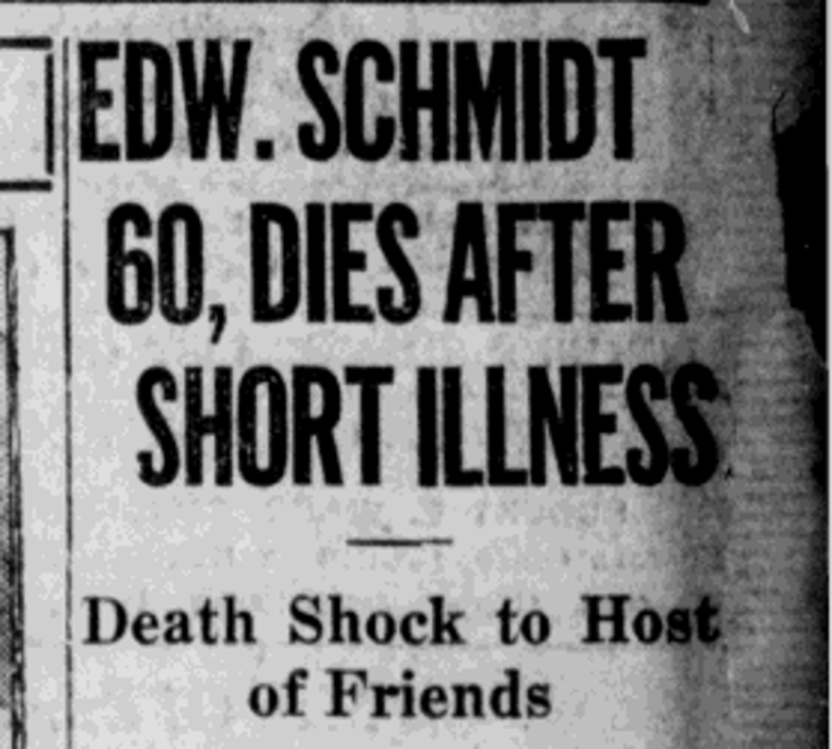 Edward Schmidt's death reported in the New Philadelphia newspaper, April 1927. (Source: newspaperarchive.com)