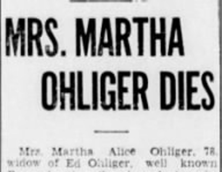 Death of Mrs. Martha Ohliger reported in the New Philadelphia newspaper, 1941. (Source: ancestry.com)