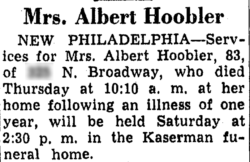 The death of Luella "Fanny" Hoobler reported in the newspaper, July 1949. (Source: genealogy.com)