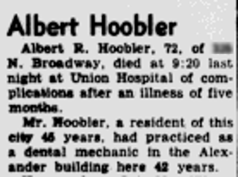 The death of Albert R. Hoobler reported in the newspaper, April 1951. (Source: newspaperarchive.com)