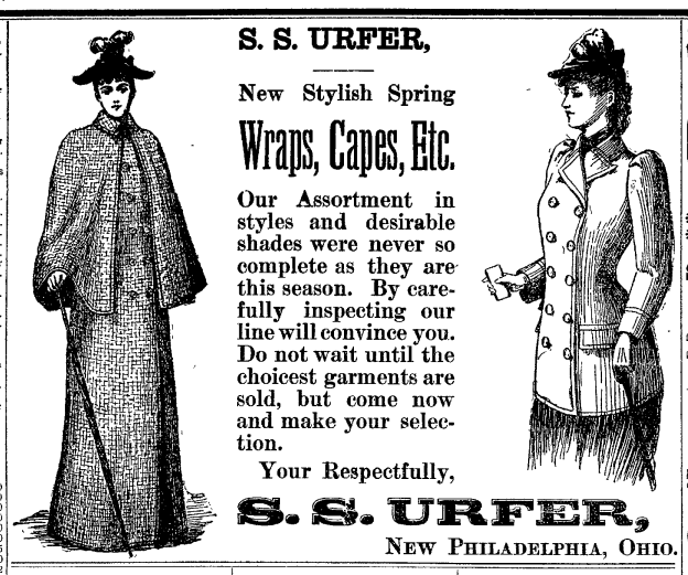 Advertisement for the shop of Samuel S. Urfer, where Lola Brown worked as a seamstress, April 1892. (Source: newspaperarchive.com)
