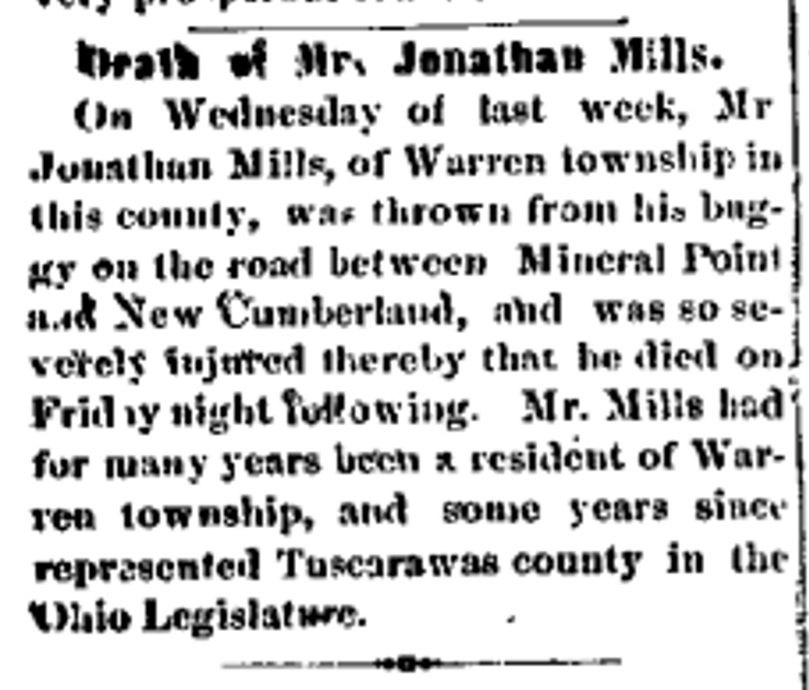 Jonathan Mills' death reported in the New Philadelphia newspaper, November 1869. (Source: newspaperarchive.com)