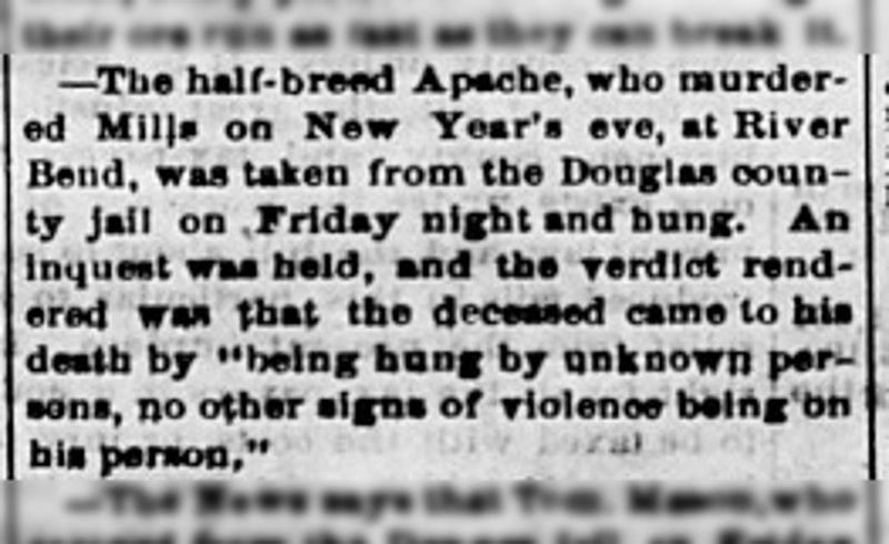 Report of the lynching of Charley that appeared in the Colorado Miner newspaper, January 1874. (Source: coloradohistoricnewspapers.org)