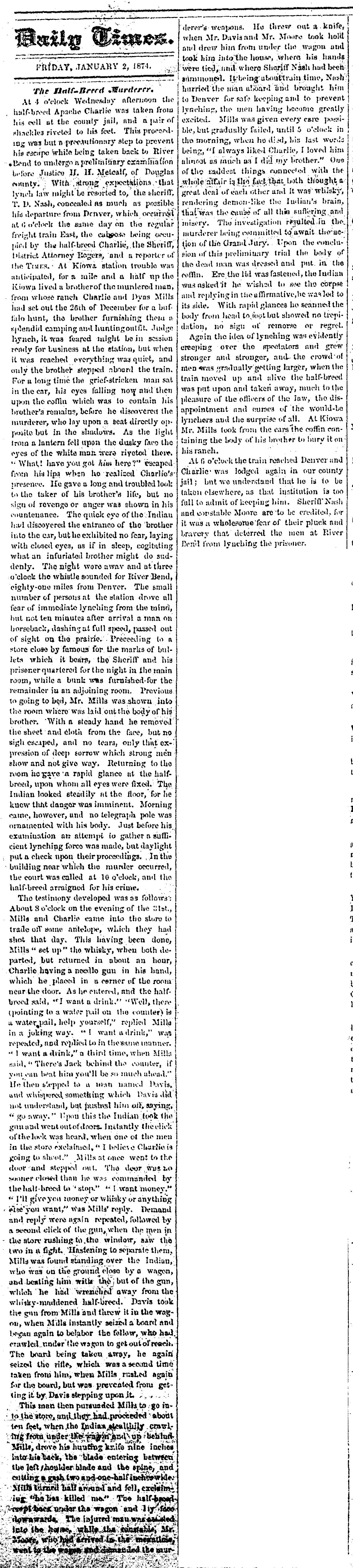 Full story of the Dyas Mills murder and subsequent hearing reported in the Denver Daily Times, 2 January 1874. (Source: coloradohistoricnewspapers.org)