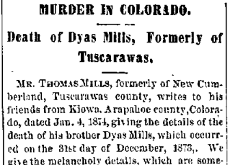 Dyas Mills' murder reported in the New Philadelphia newspaper, February 1874. (Source: newspaperarchive.com)