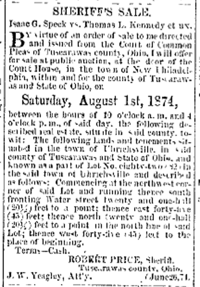 One of the earliest references from the local newspaper to James Yeagley practicing as an attorney in Tuscarawas County, July 1874. (Source: newspaperarchive.com)