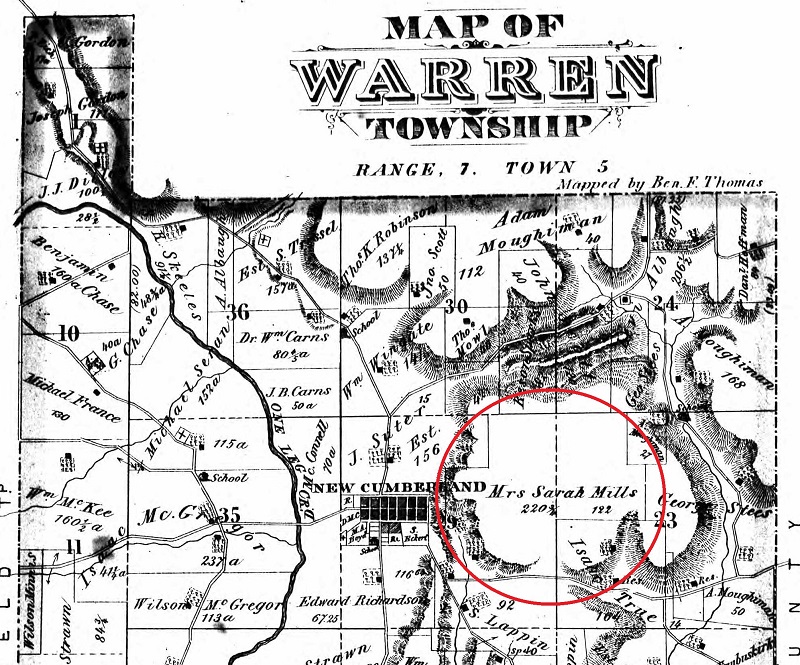 Later map showing the location of the Mills property in Warren Township, Tuscarawas County, 1875. (Source: ancestry.com)