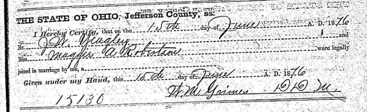The marriage of John Yeagley and Martha Robertson recorded in Jefferson County, Ohio, June 1876. (Source: familysearch.org)