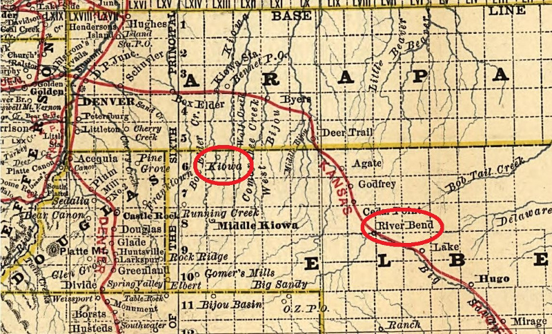 Map showing the locations of Kiowa and Riverbend, Colorado in 1879. (Source: loc.gov)