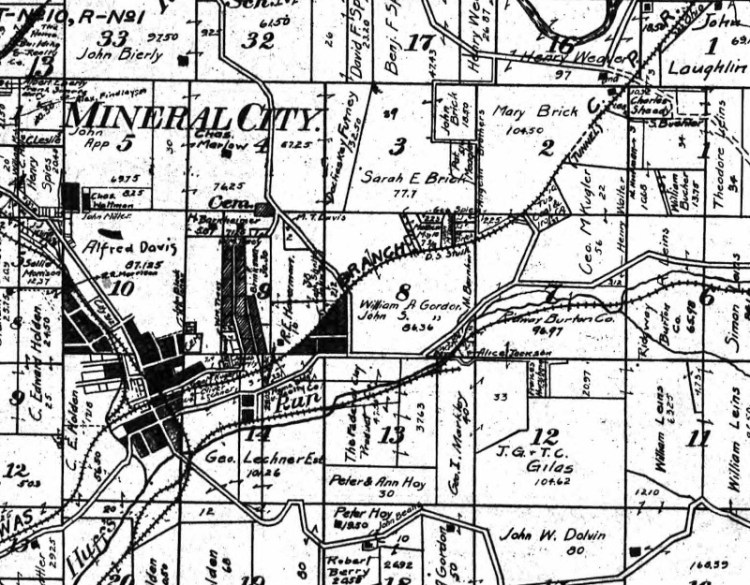 Map of Mineral City, Ohio and the area where the Stone House Coal Mine was operating, 1908.