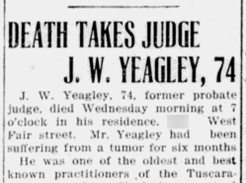 Headline announcing James Yeagley's death in the New Philadelphia newspaper, September 1917. (Source: newspaperarchive.com)