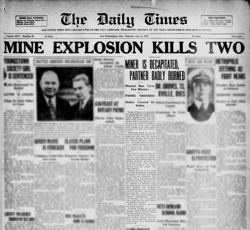 New Philadelphia newspaper report of the explosion at the Old Stone House Mine, July 1927. (Source: newspaperarchive.com)