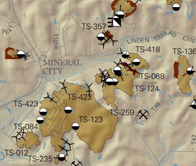 Map showing abandoned underground mines in the area east of Mineral City, Ohio, 2013. (Source: ohiodnr.gov)