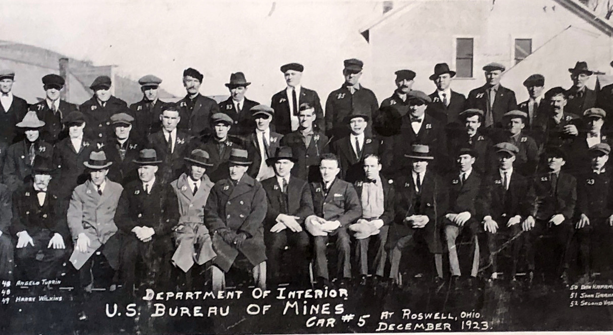 Detail from a larger image of the men who attended the Mine Rescue Car during its visit to Roswell, Tuscarawas County, January 1923.