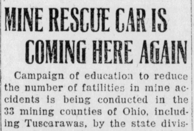 Headline announcing the return of a Bureau of Mines Rescue Car to Tuscarawas County, November 1923. (Source: newspaperarchive.com)