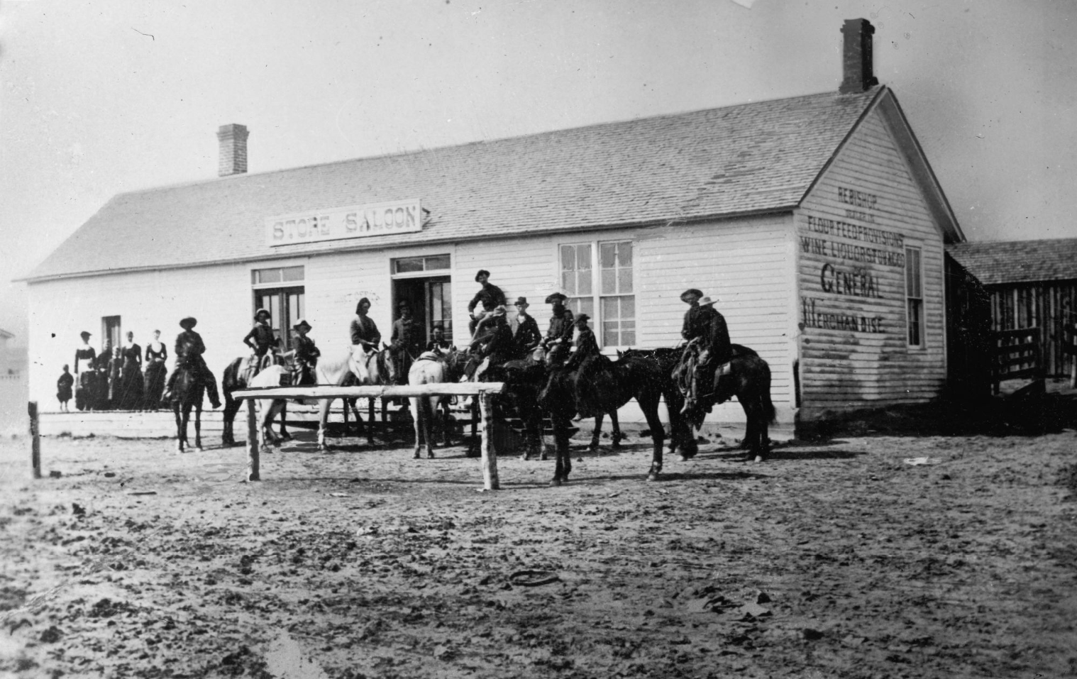 View of Riverbend, Colorado's "Store Saloon" and "R. E. Bishop Flour Feed Provisions Store General Merchandise", 1880. (Source: Denver Public Library Special Collections)