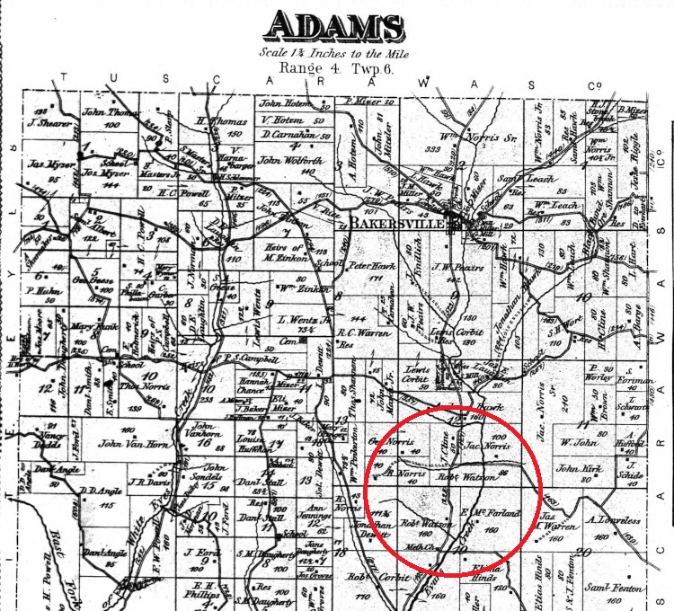 The location of the Watson farm south of Bakersville, Adams Township, Coshocton County, 1872. (Source: ancestry.com)