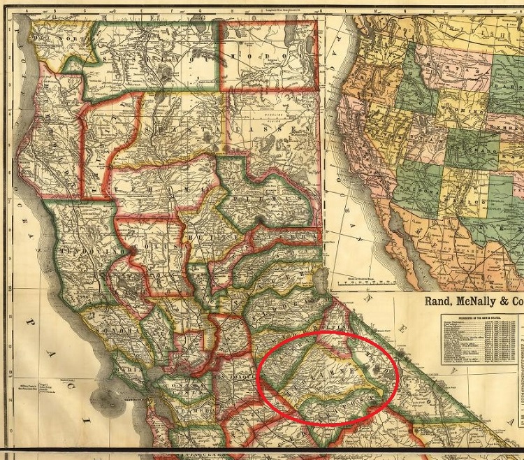 Map showing the location of Tuolumne County, California, 1883. (Source: loc.gov)